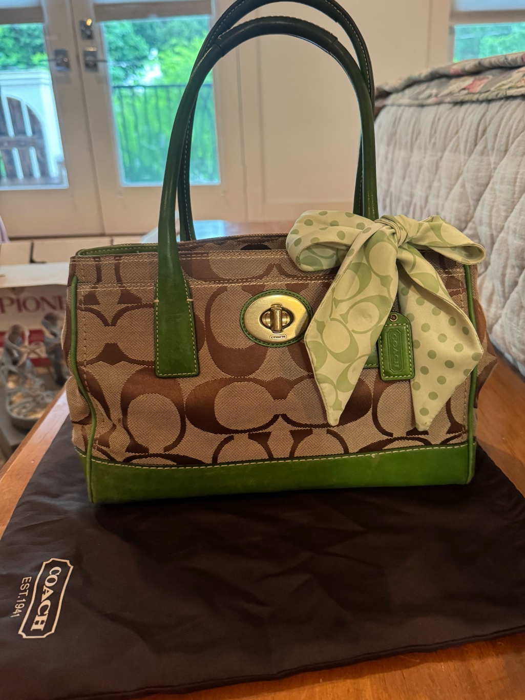Coach Brown Signature Satchel With Green Leather Trim And Polka Dot Scarf